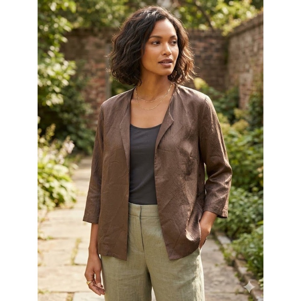 Eileen Fisher Silk Crinkle Open Front Jacket Bronze Brown Relaxed SmallTop